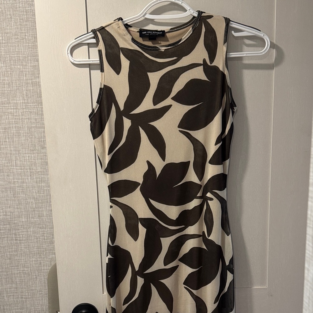 See You Monday Cream and Brown Leaf Print Midi Dress